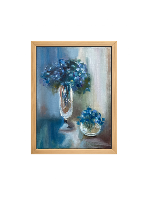 Framed painting of blue flowers in glass vases on a black background with gold accents.