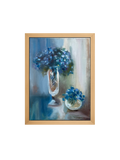 Framed painting of blue flowers in glass vases on a black background with gold accents.