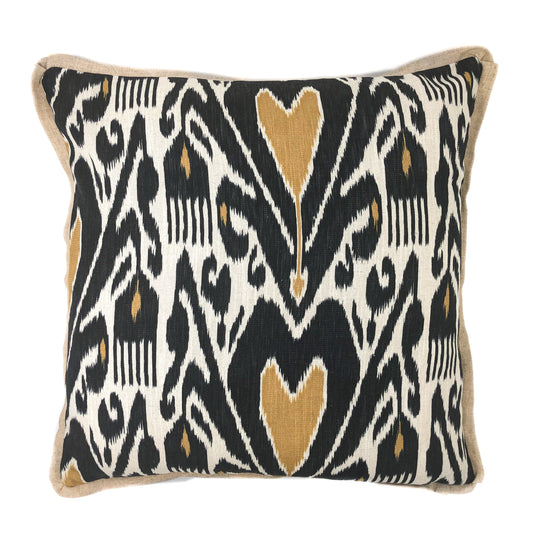 Blue and gold Ikat print cushion front