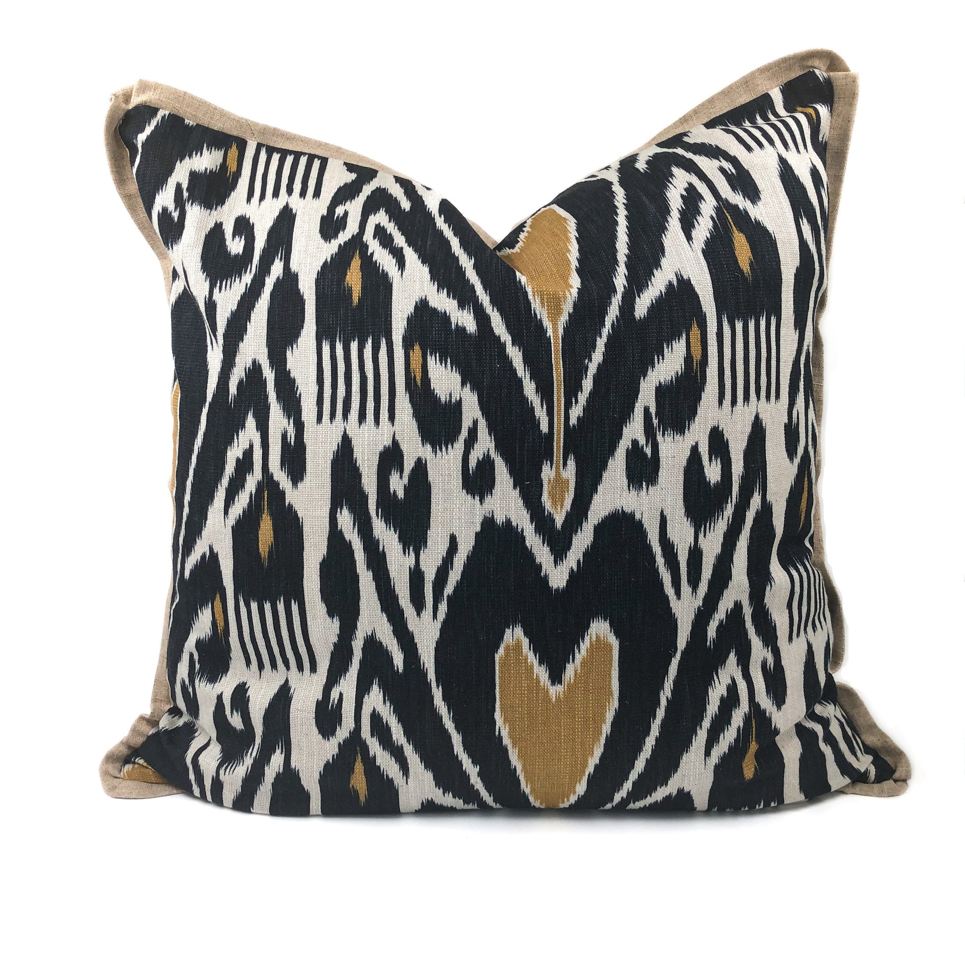 Blue and gold Ikat print cushion front view