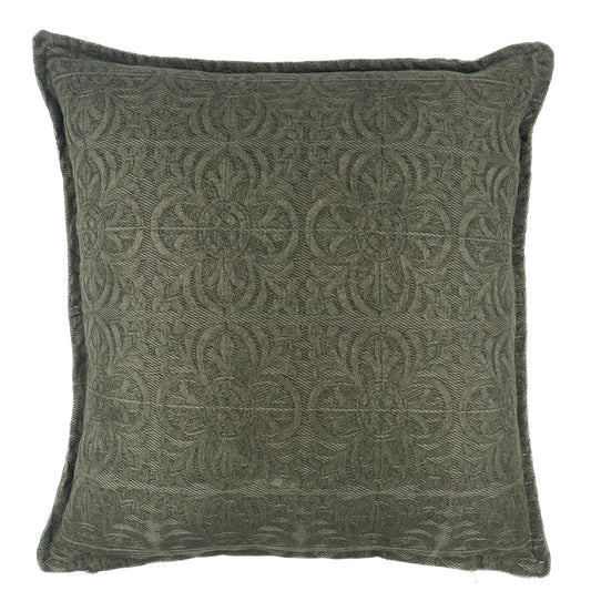 Floral motif jacquard fabric scatter cushion in olive colour with self fabric piping 60cm x 60cm