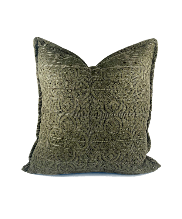 Decorative olive green scatter cushion with intricate patterns on a white background