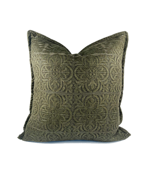 Decorative olive green scatter cushion with intricate patterns on a white background