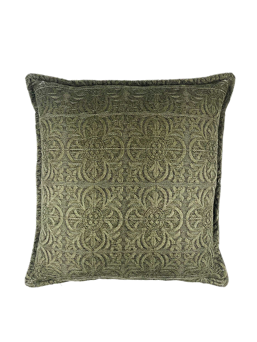 Olive green patterned scatter pillow on a white background