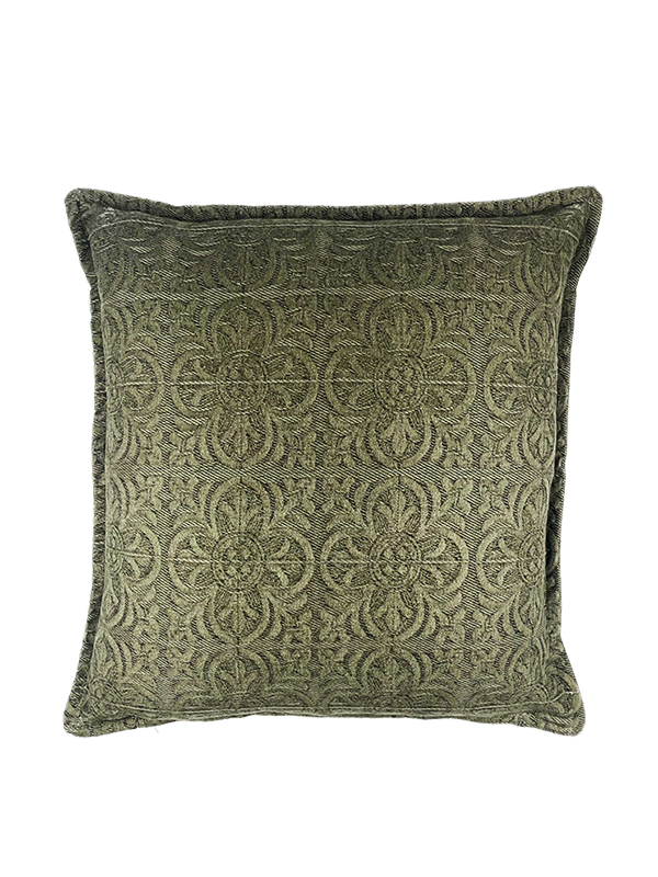Olive green patterned pillow on a white background