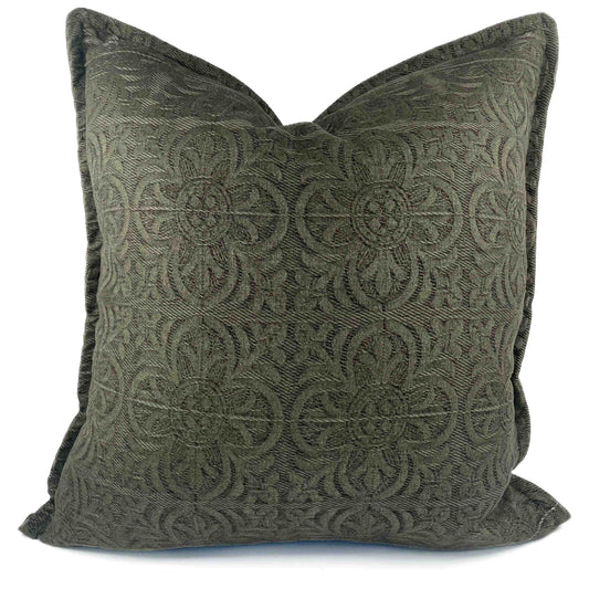 Floral motif jacquard fabric scatter cushion in olive colour with self fabric piping 60cm x 60cm