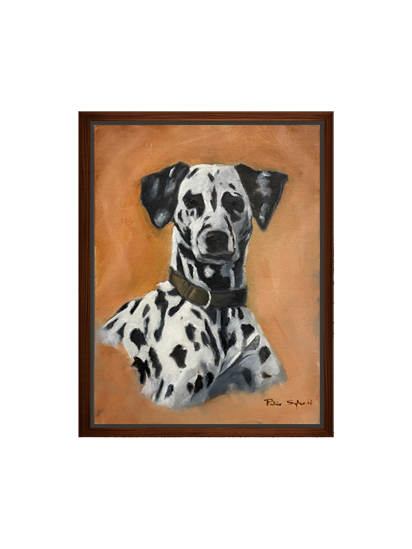 Framed painting of a Dalmatian dog on an orange background