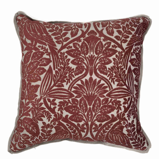 Chenille rust colour velvet in with foliage motifs on plain stone colour linen fabric, with plain stone colour backing 60cm x 60cm