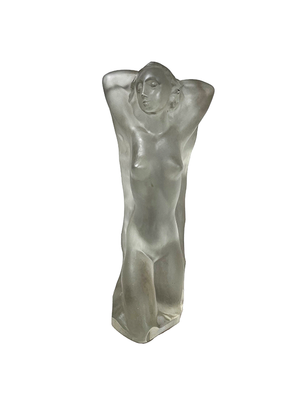 Frosted glass sculpture of a female figure on a white background