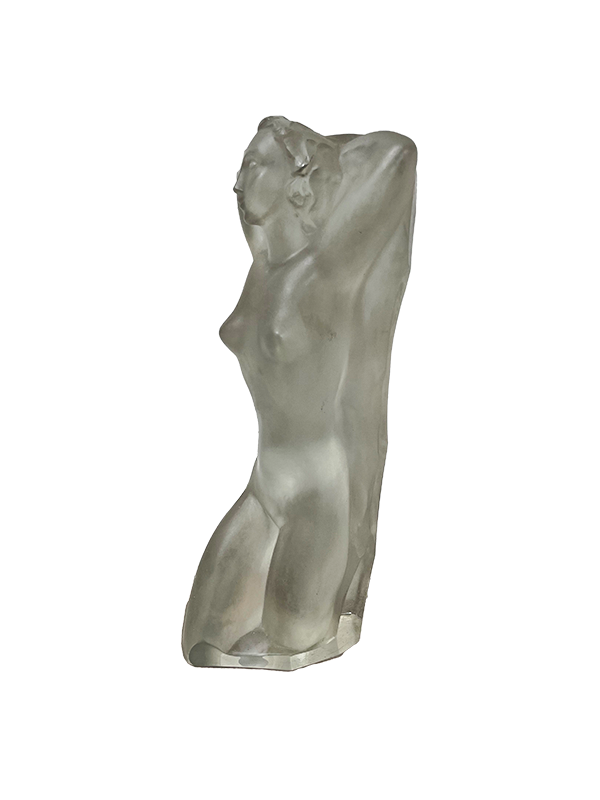 Frosted glass figurine statue of a standing female figure on a black background
