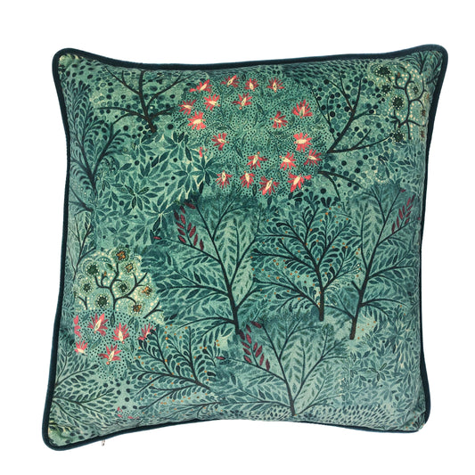 Filigree leaf print velvet cushion front view