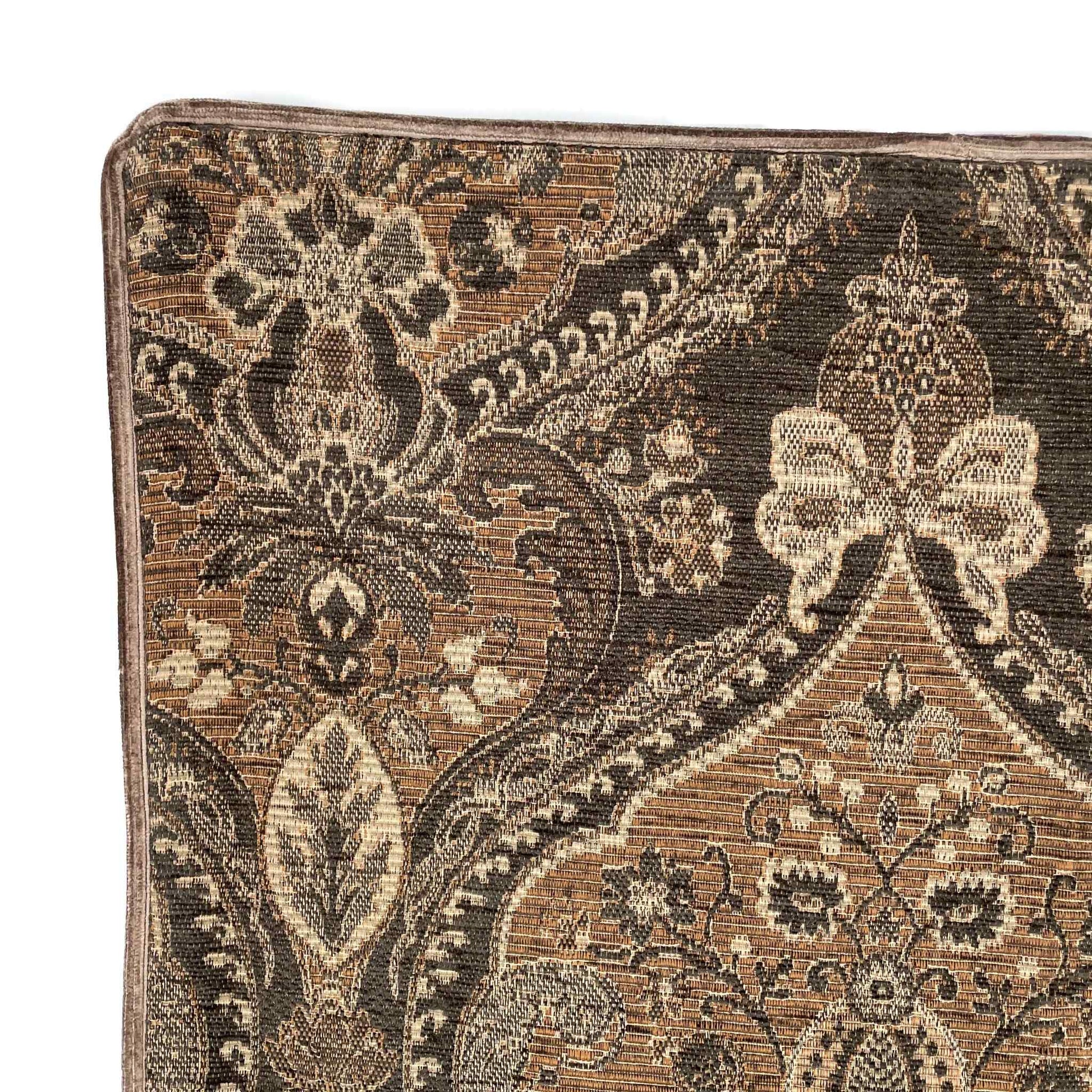 Close-up of a patterned rug with intricate designs on a white background