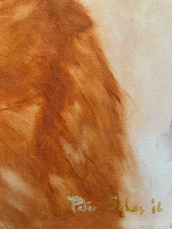 German Shepherd oil painting detail with brown and beige colors on a textured surface, signed and framed