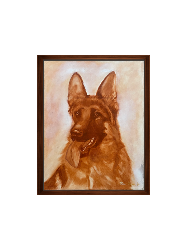 Framed painting of a German Shepherd dog on a beige background