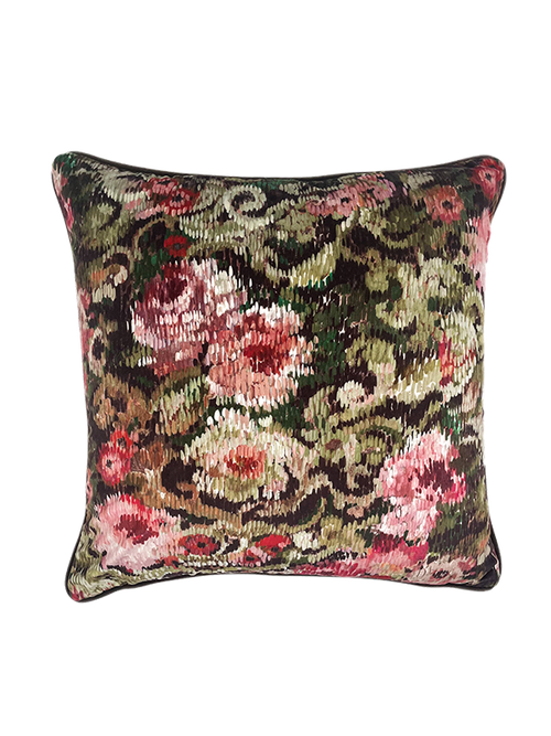 Floral velvet patterned decorative cushion  on a white background