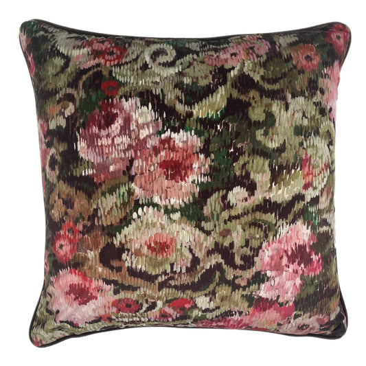 Floral painterly style velvet cushion in greens, reds, pinks and neutrals with olive colour velvet backing.  Trimmed with piping 60cm x 60cm