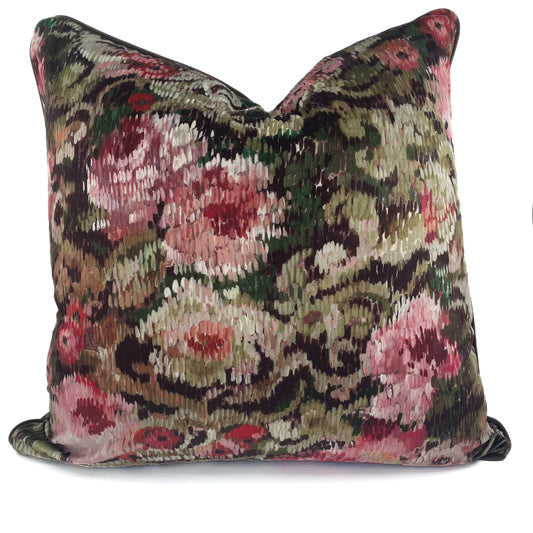 Floral painterly style velvet cushion in greens, reds, pinks and neutrals with olive colour velvet backing.  Trimmed with piping 60cm x 60cm