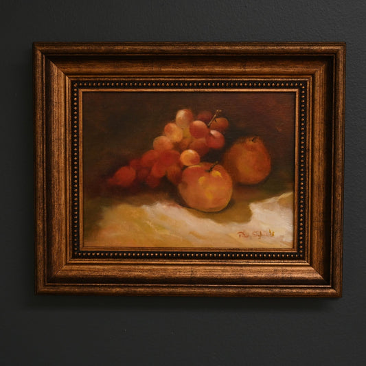 A classical still life in rich, warm tones, capturing the beauty of ripened fruit at rest against a deep backdrop, inviting a sense of abundance and nostalgia.
