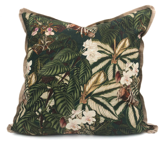 Green foliage printed linen scatter cushion 60cm x 60cm