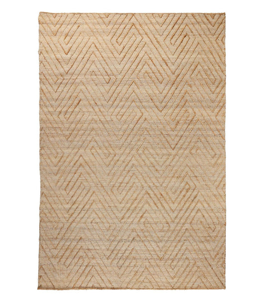 Beige woven rug with geometric pattern on a white background