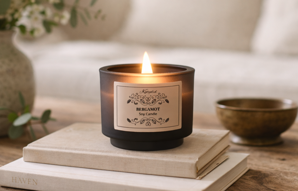 Candle with a label on top of books, surrounded by plants and a bowl.