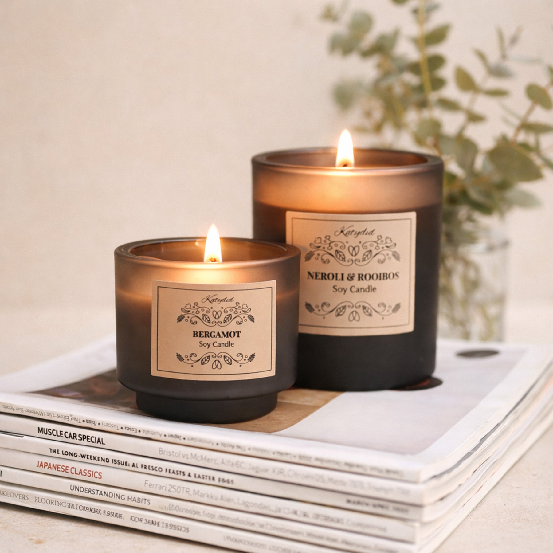 Two lit candles with labels on a stack of magazines, with a blurred plant in the background.