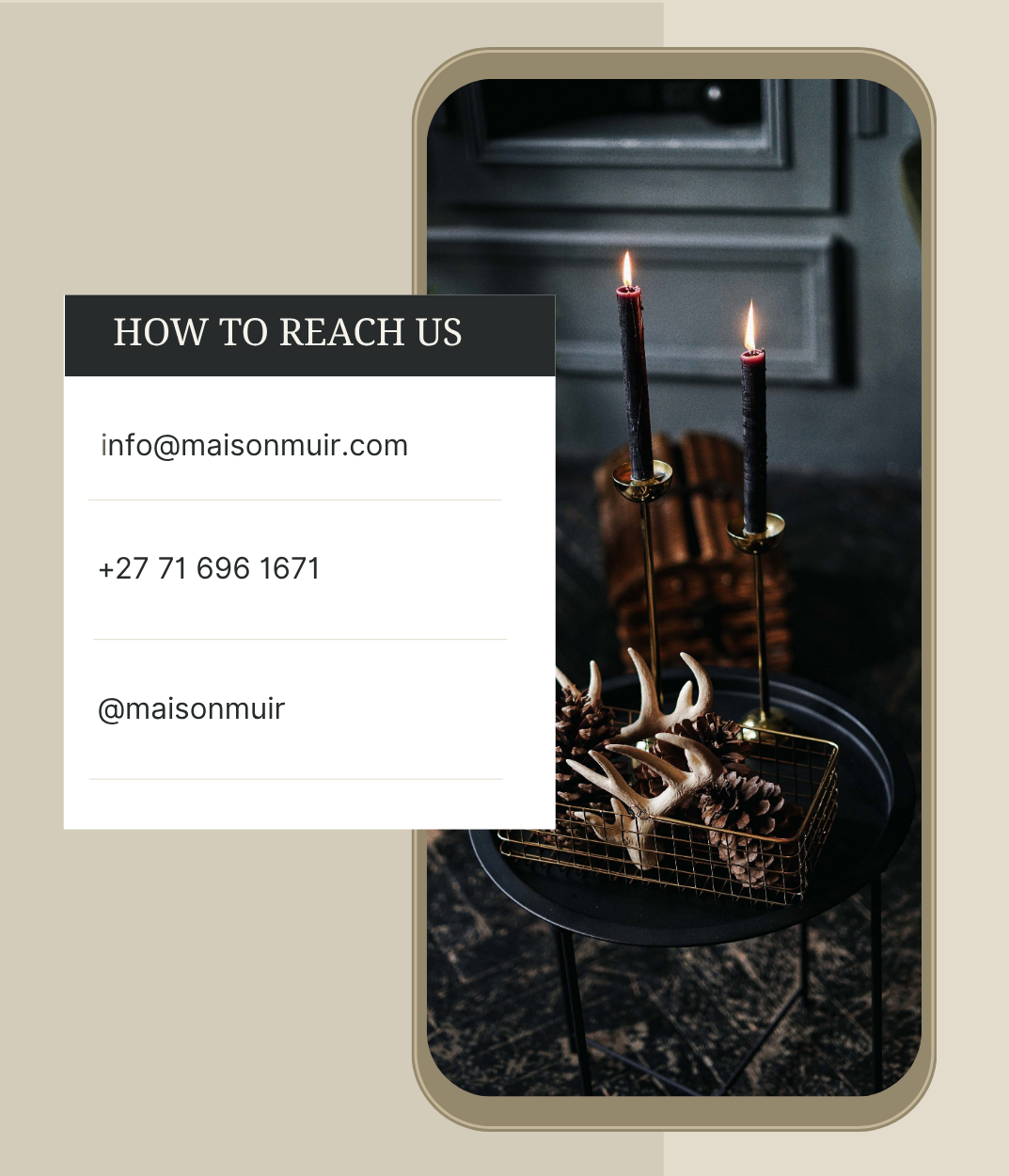 Phone case with candles and deer antlers on a table, contact information overlayed.