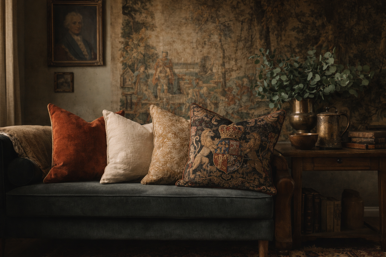Cozy living room with a dark sofa adorned with patterned cushions, a textured wall, and decorative items.