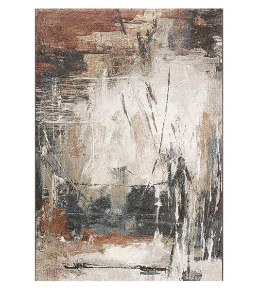 Abstract art piece with brown, white, and black colors on a textured surface.