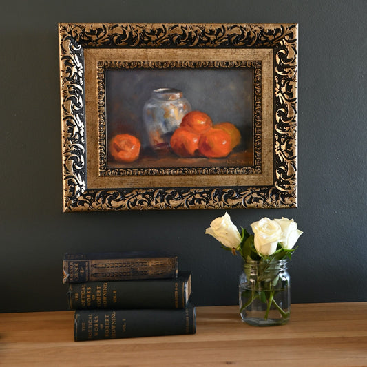 A striking composition of oranges beside a mottled ceramic jar, rendered in painterly strokes with deep contrast