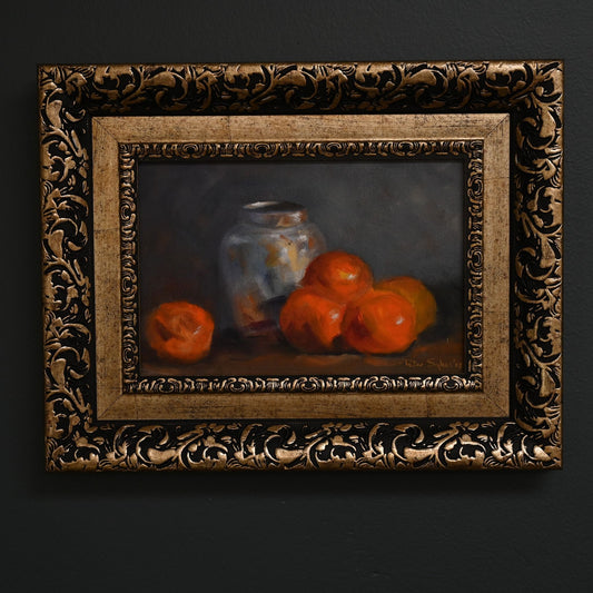 A striking composition of oranges beside a mottled ceramic jar, rendered in painterly strokes with deep contrast