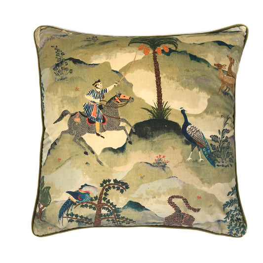 Oriental garden print velvet cushion front view option 1