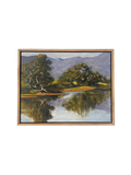 Framed original oil painting of a landscape with trees and mountains reflected in water.