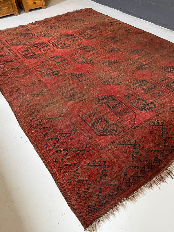 Vintage Red and brown patterned rug on a white floor