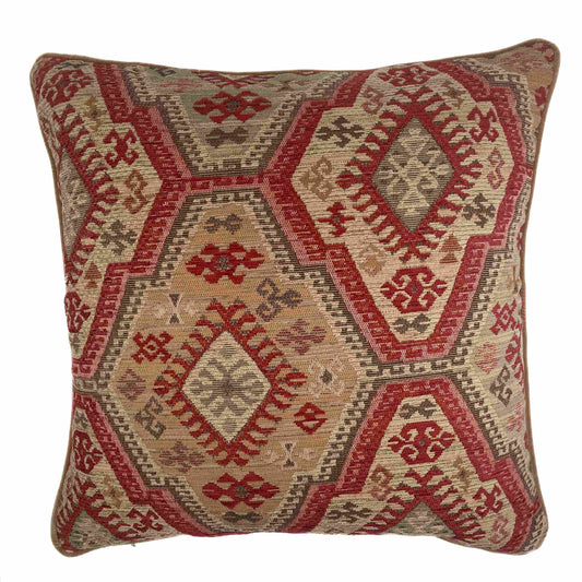 Kelim inspired multi-coloured texted scatter cushion with camel colour cotton velvet backing and piping 60cm x 60cm