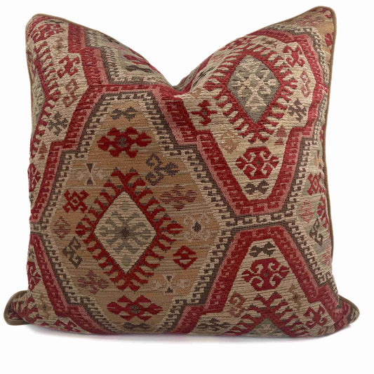 Kelim inspired multi-coloured texted scatter cushion with camel colour cotton velvet backing and piping 60cm x 60cm