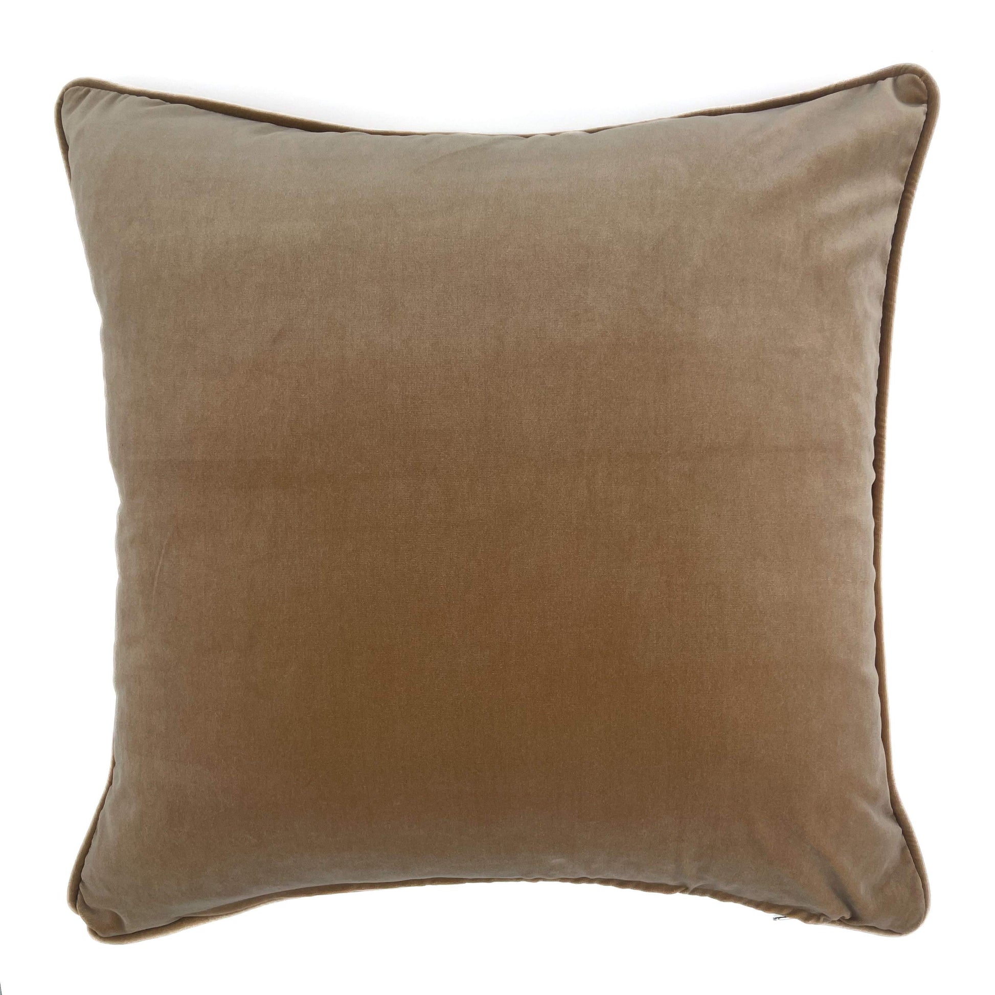Kelim inspired multi-coloured texted scatter cushion with camel colour cotton velvet backing and piping 60cm x 60cm
