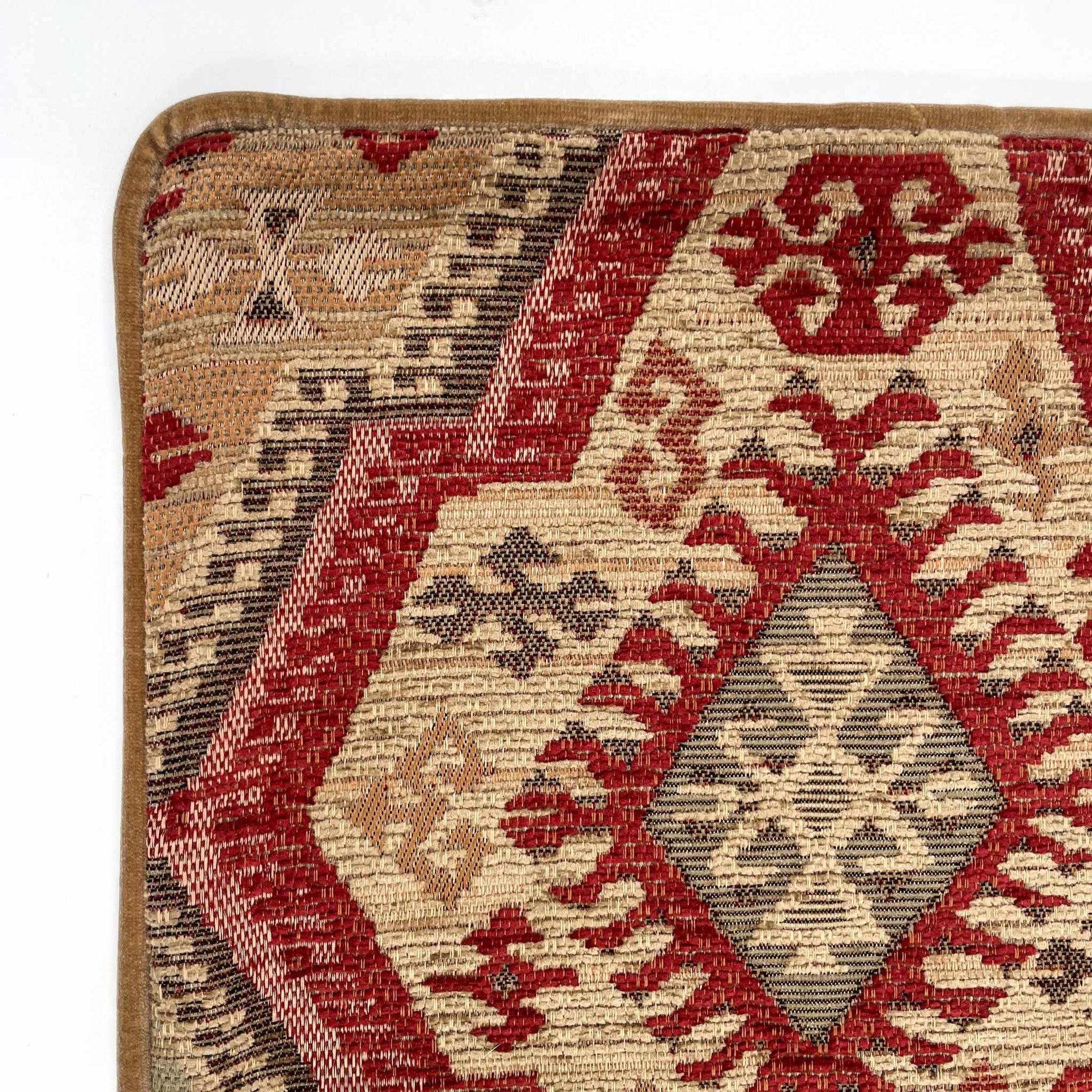 Close-up of a patterned rug with geometric design on a white background