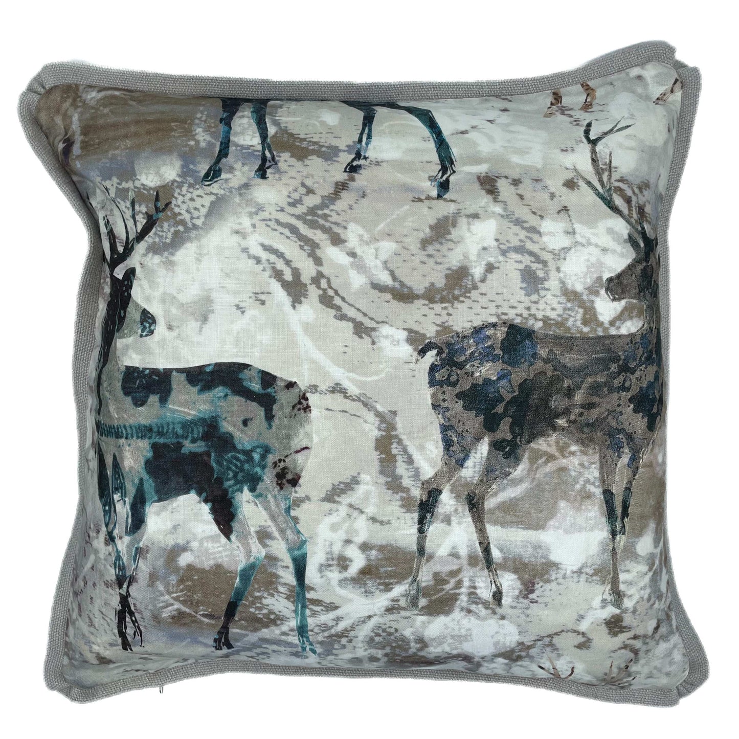 Stag Motif printed linen scatter cushion in neutral colours with plain stone colour linen back 60cm x 60cm