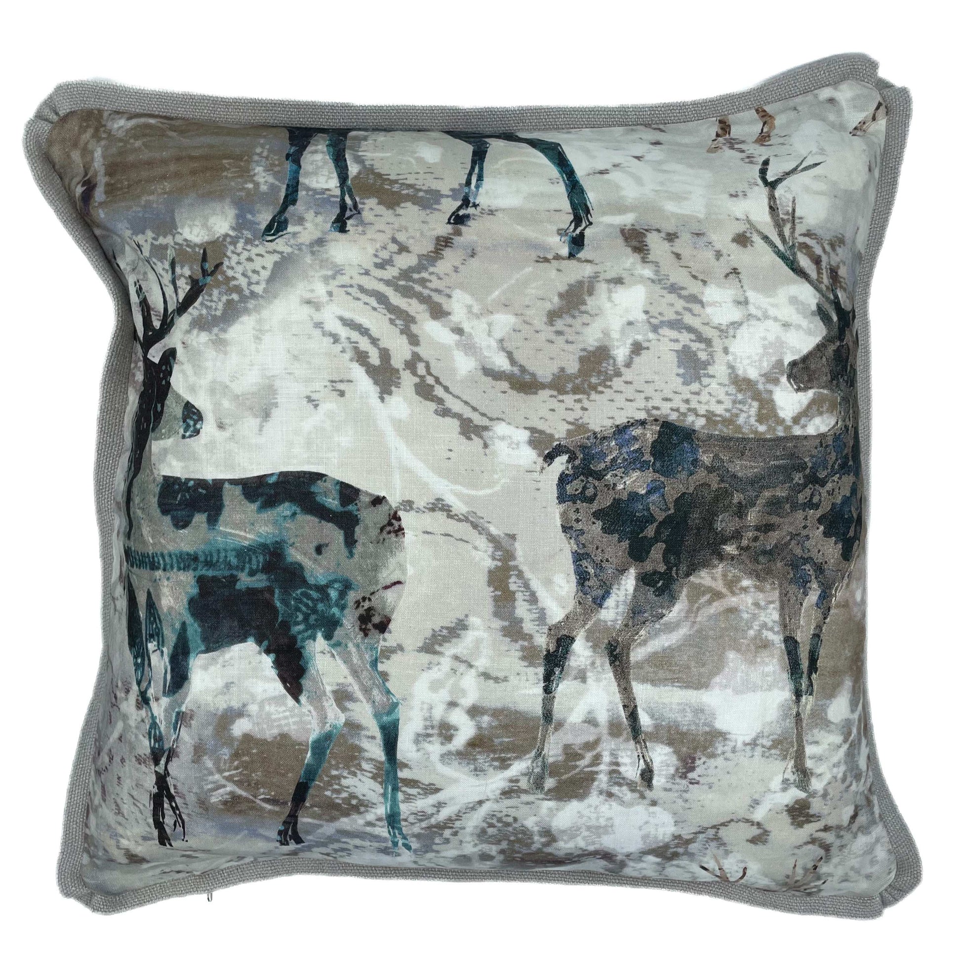 Stag Motif printed linen scatter cushion in neutral colours with plain stone colour linen back 60cm x 60cm