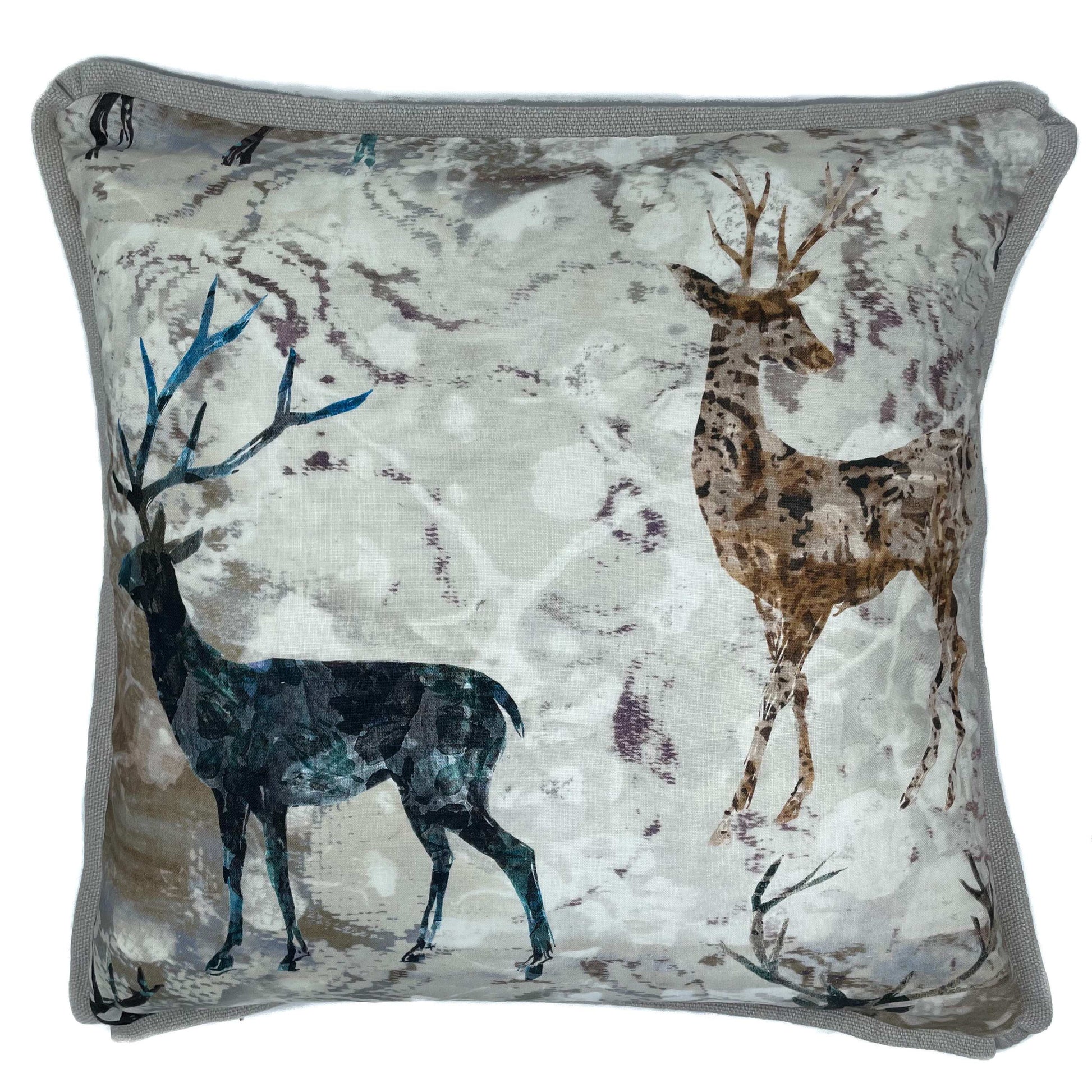 Stag Motif printed linen scatter cushion in neutral colours with plain stone colour linen back 60cm x 60cm