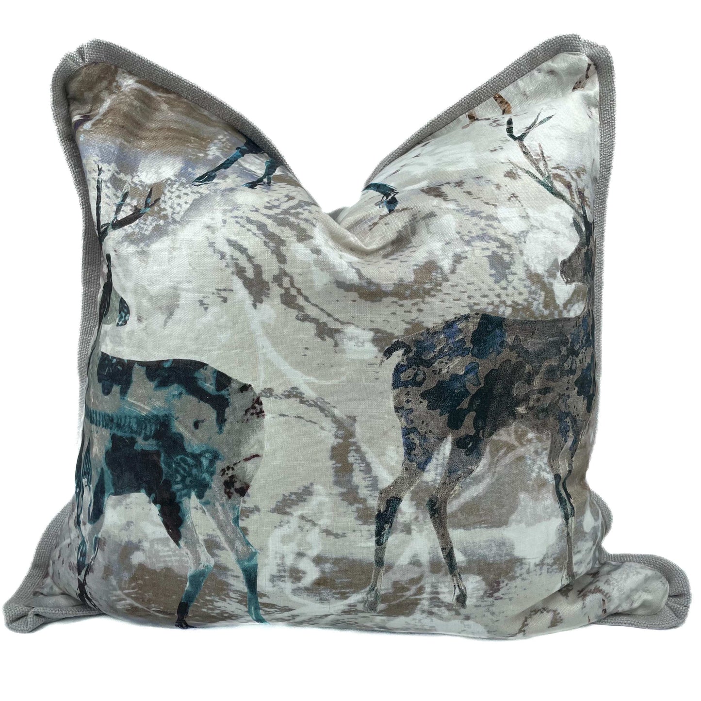 Stag Motif printed linen scatter cushion in neutral colours with plain stone colour linen back 60cm x 60cm