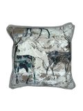 Decorative linen scatter cushion with stag design on a white background