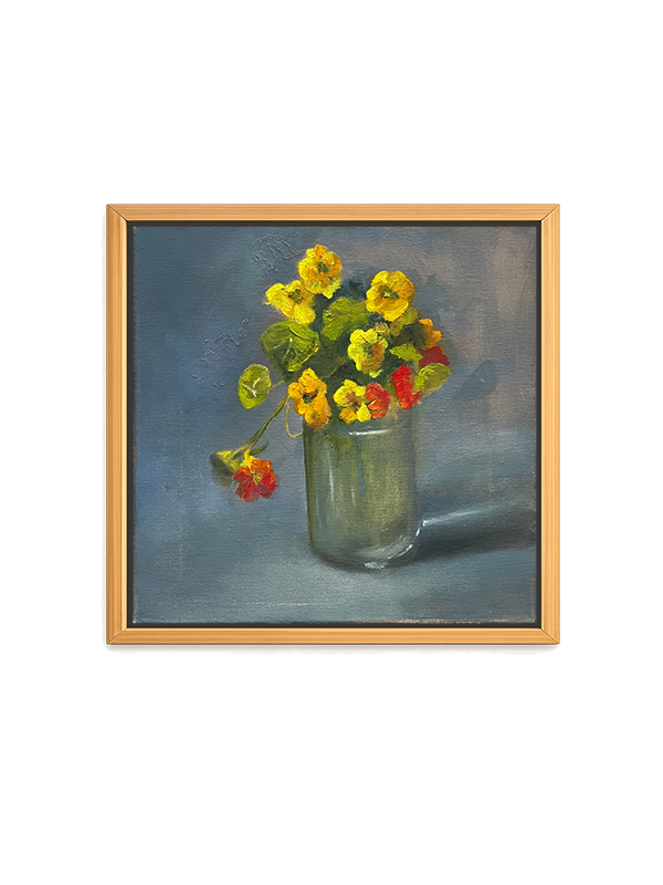 Framed painting of a still life with flowers in a glass jar on a white background