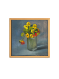 Framed painting of a still life with flowers in a glass jar on a white background