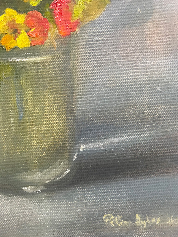Oil Painting of a glass with flowers on a textured gray background
