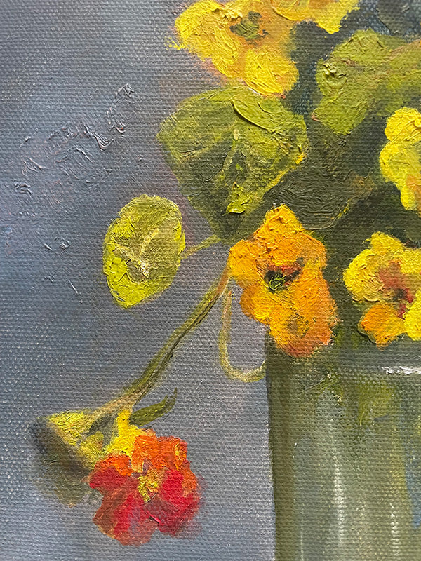 Oil painting of flowers with a textured gray background