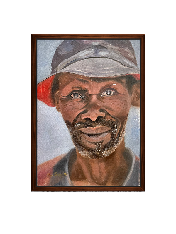 Framed oil painting of a man wearing a cap on a white background