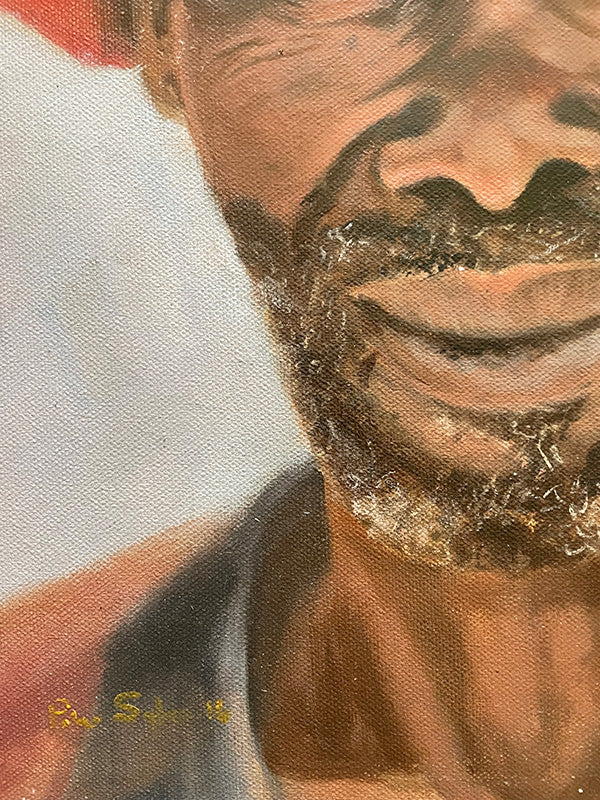 Close-up of an oil painting of person's face with a neutral expression on a plain background signed