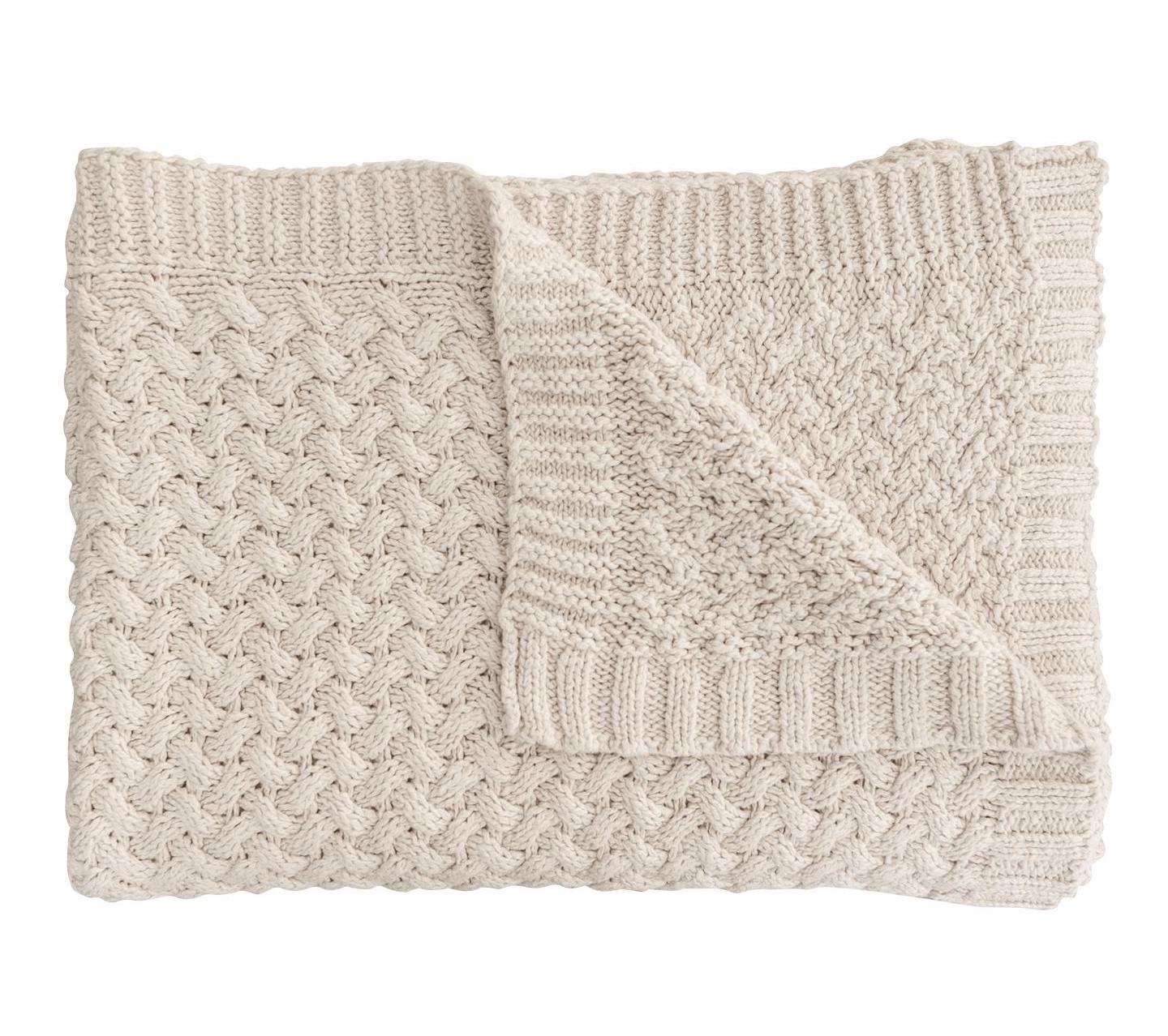 Luxurious cotton cable knit throw blanket in stone colour 220cm x 140cm 